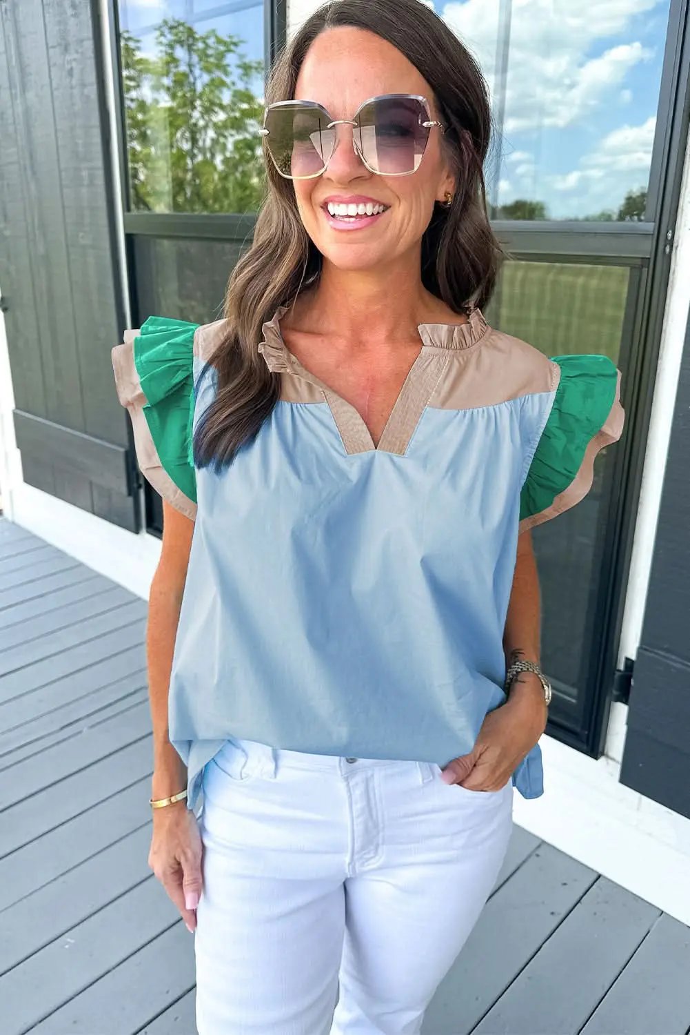 Mist blue ruffled frill blouse - Love Salve